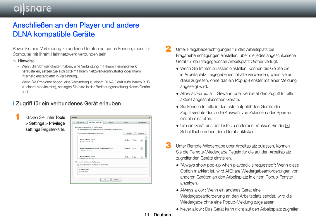 Samsung BD-E8900/EN, BD-E6100/XN, BD-E8309S/ZG, BD-E8509S/ZG Anschließen an den Player und andere Dlna kompatible Geräte 