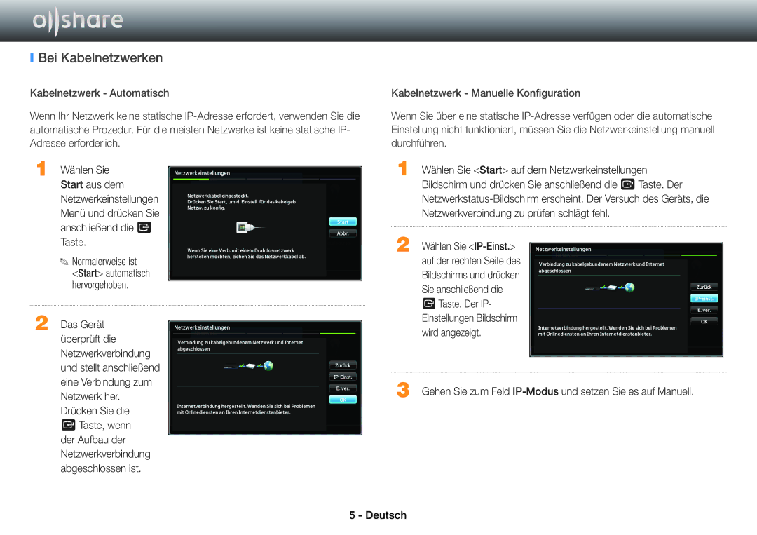 Samsung BD-E8500/EN, BD-E8900/EN, BD-E6100/XN, BD-E8309S/ZG manual Bei Kabelnetzwerken, Adresse erforderlich Durchführen 