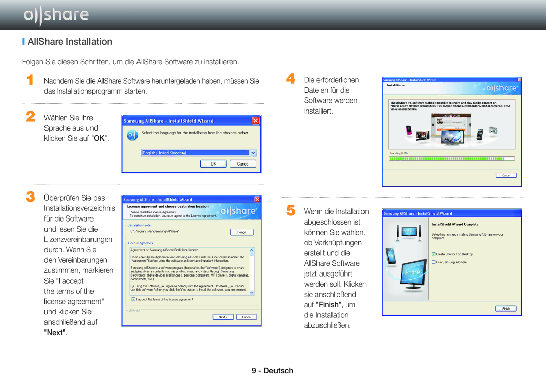 Samsung BD-E8500/ZF manual AllShare Installation, Das Installationsprogramm starten, Dateien für die, Abgeschlossen ist 