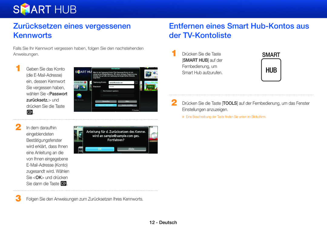 Samsung BD-E6100/XN manual Zurücksetzen eines vergessenen Kennworts, Entfernen eines Smart Hub-Kontos aus der TV-Kontoliste 