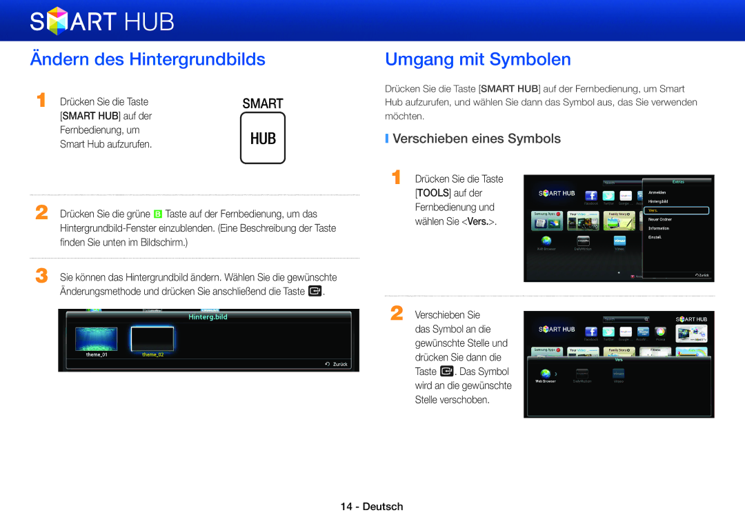 Samsung BD-E8509S/ZG, BD-E8900/EN, BD-E6100/XN Ändern des Hintergrundbilds, Umgang mit Symbolen, Verschieben eines Symbols 