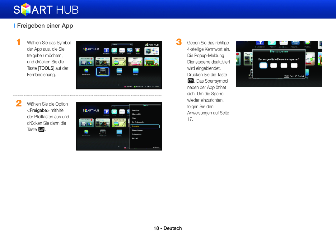 Samsung BD-E8909S/ZG, BD-E8900/EN, BD-E6100/XN, BD-E8309S/ZG, BD-E8509S/ZG manual Freigeben einer App, Geben Sie das richtige 
