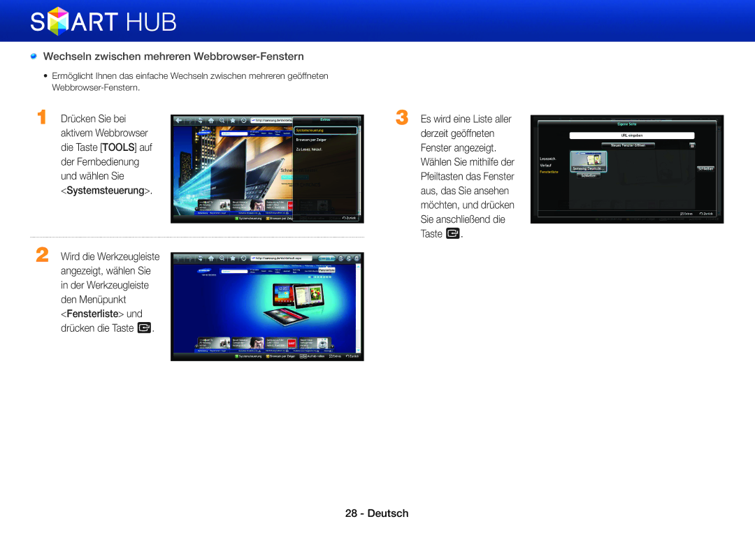 Samsung BD-E8300/EN, BD-E8900/EN, BD-E6100/XN, BD-E8309S/ZG, BD-E8509S/ZG manual Wechseln zwischen mehreren Webbrowser-Fenstern 