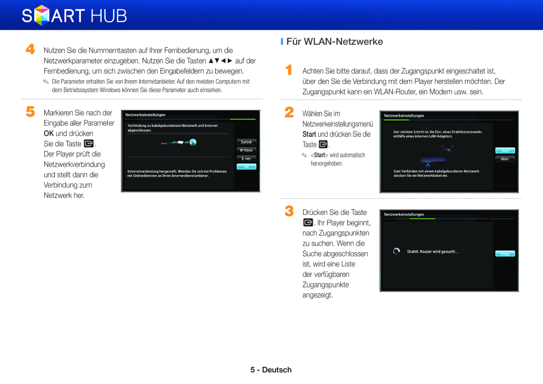 Samsung BD-E8500/EN, BD-E8900/EN, BD-E6100/XN, BD-E8309S/ZG Für WLAN-Netzwerke, Drücken Sie die Taste e. Ihr Player beginnt 