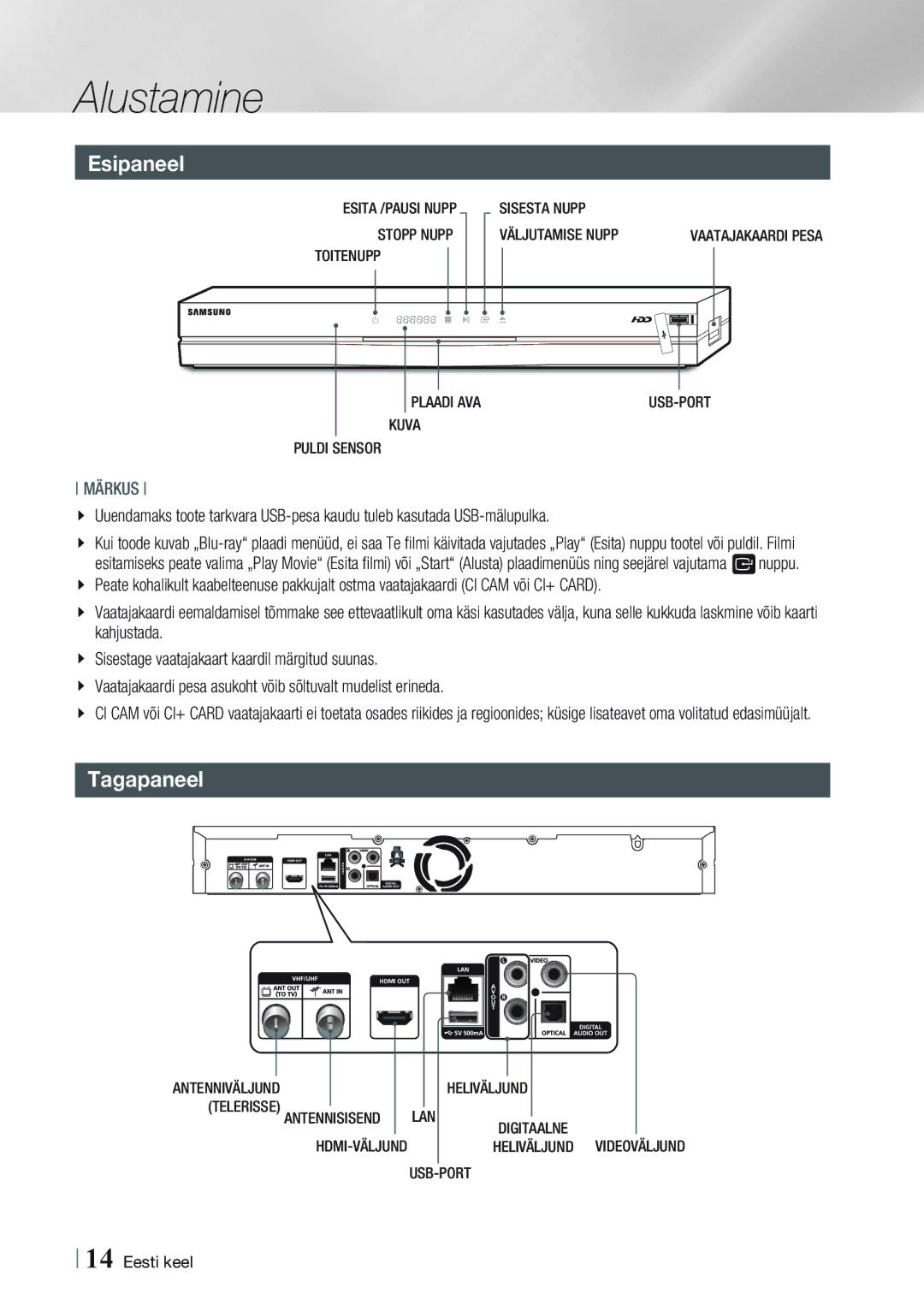 Samsung BD-E8900/EN, BD-E8300/EN manual Esipaneel, Tagapaneel 