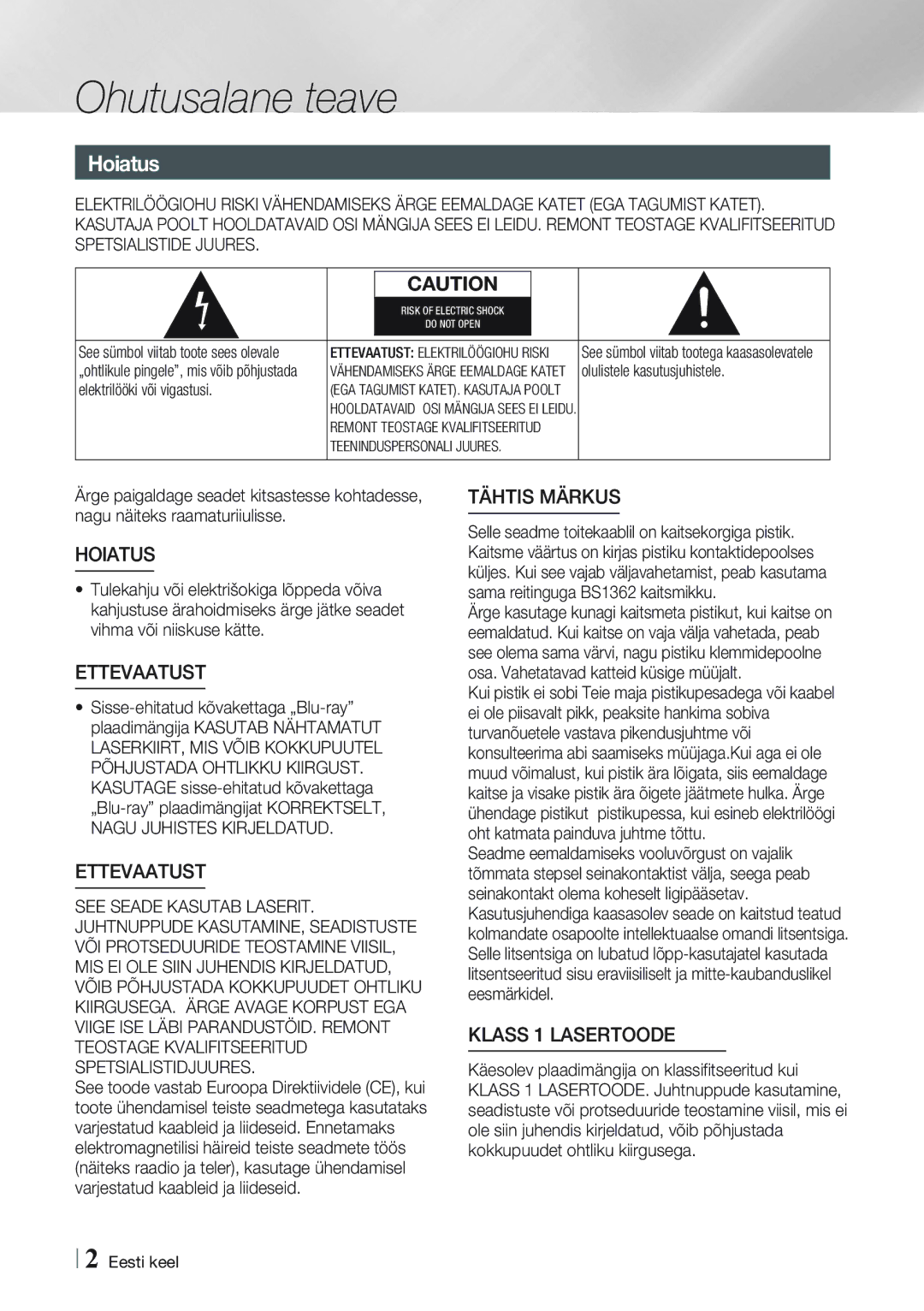 Samsung BD-E8900/EN manual Ohutusalane teave, Hoiatus, Olulistele kasutusjuhistele, Elektrilööki või vigastusi, Eesti keel 