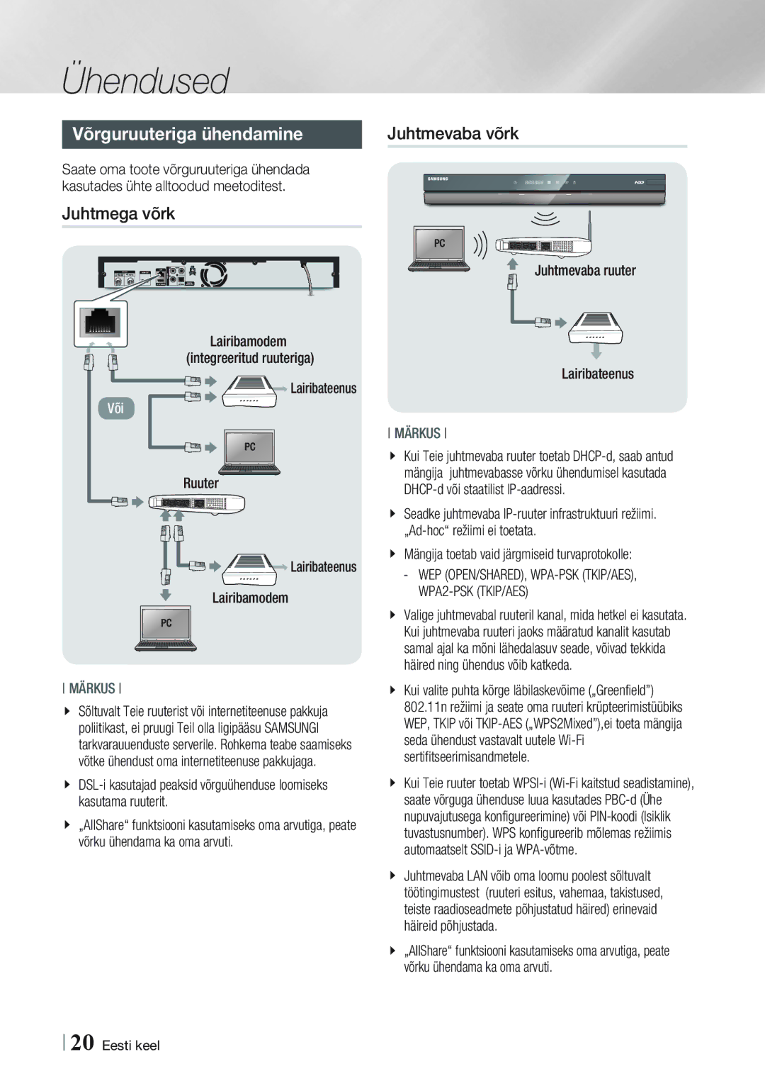 Samsung BD-E8900/EN, BD-E8300/EN manual Võrguruuteriga ühendamine Juhtmevaba võrk, Juhtmega võrk 