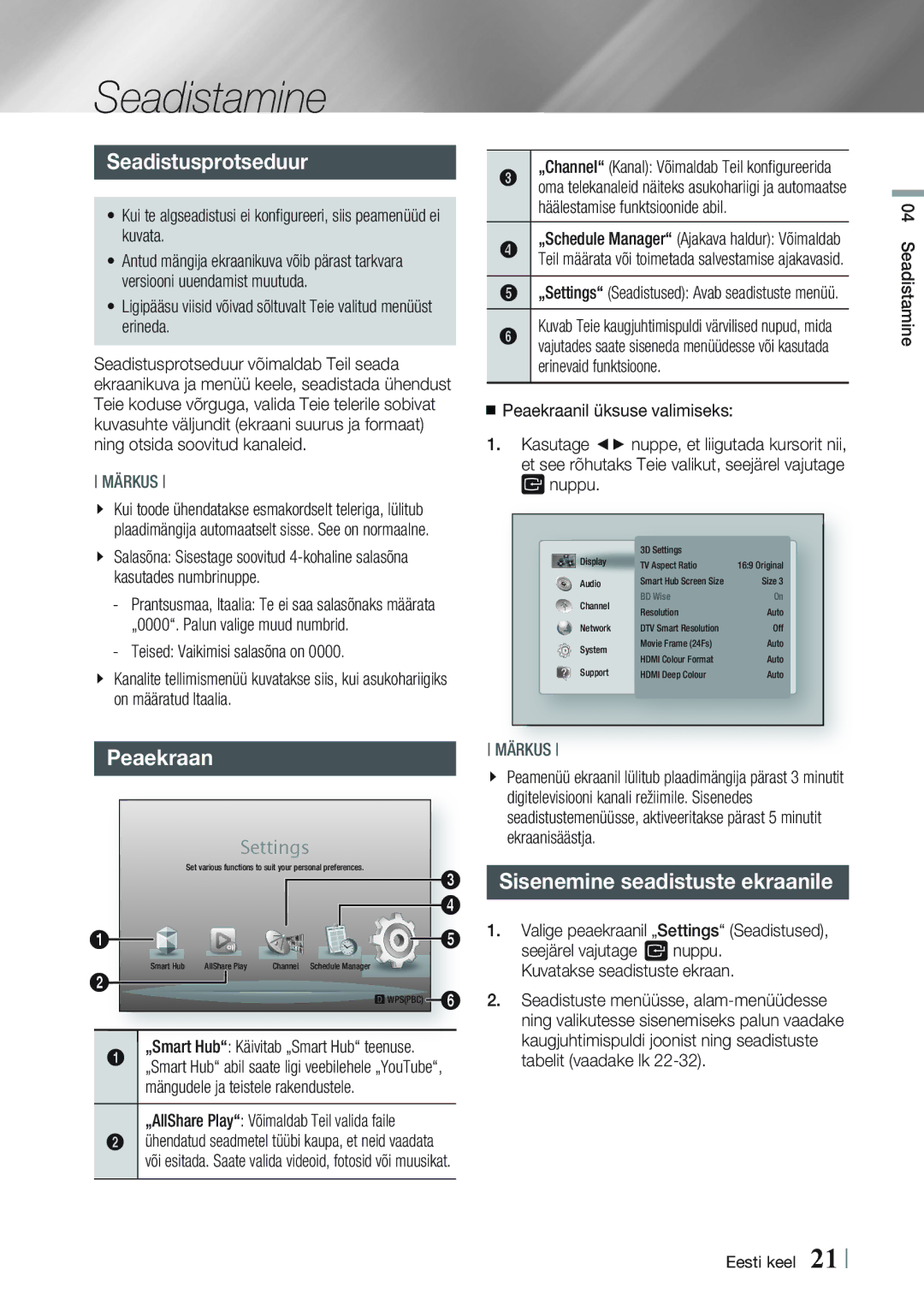 Samsung BD-E8300/EN, BD-E8900/EN manual Seadistamine, Seadistusprotseduur, Peaekraan, Sisenemine seadistuste ekraanile 