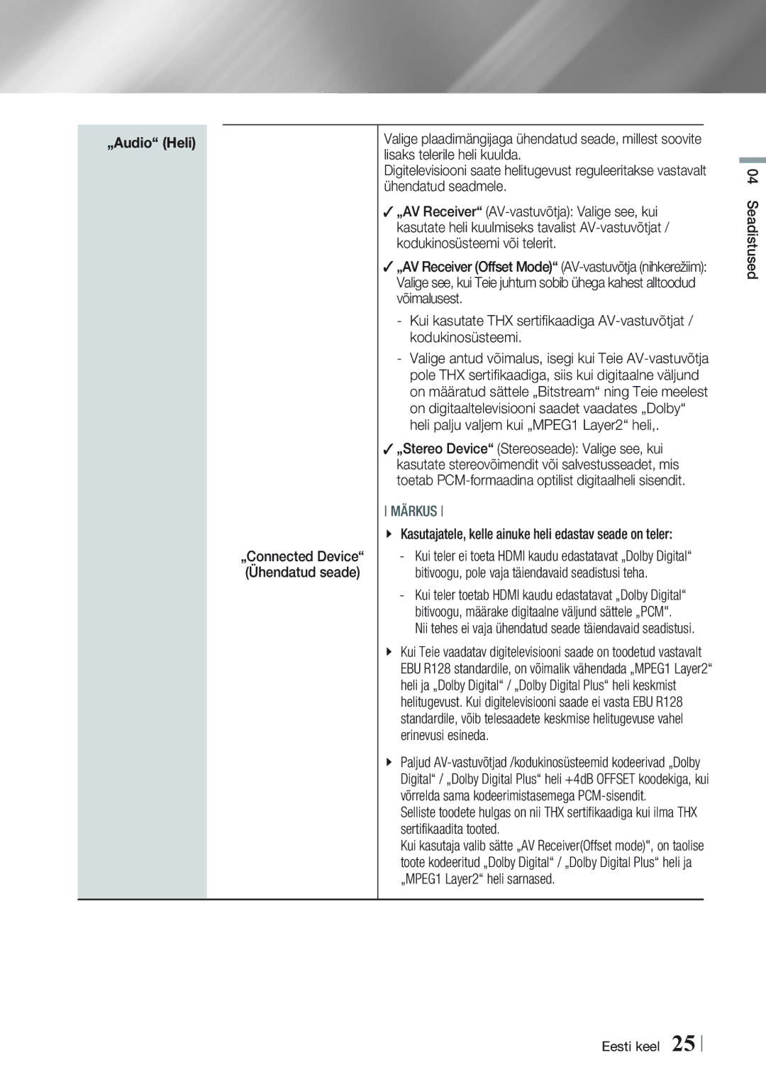 Samsung BD-E8300/EN, BD-E8900/EN „Connected Device Ühendatud seade, Kasutajatele, kelle ainuke heli edastav seade on teler 