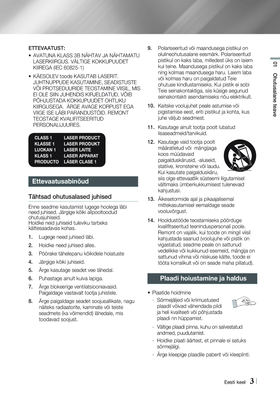 Samsung BD-E8300/EN, BD-E8900/EN manual Ettevaatusabinõud, Tähtsad ohutusalased juhised, Plaadi hoiustamine ja haldus 