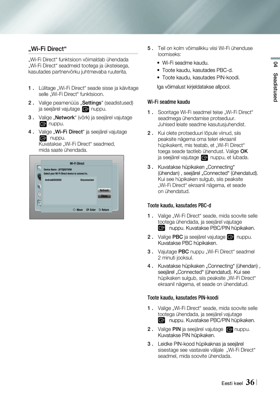 Samsung BD-E8900/EN, BD-E8300/EN manual „Wi-Fi Direct, Toote kaudu, kasutades PIN-koodi 