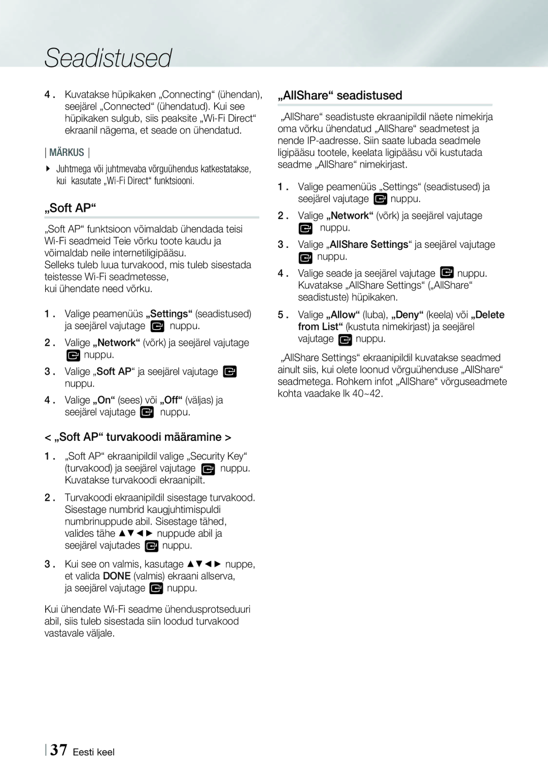 Samsung BD-E8300/EN, BD-E8900/EN manual „AllShare seadistused, „Soft AP turvakoodi määramine 