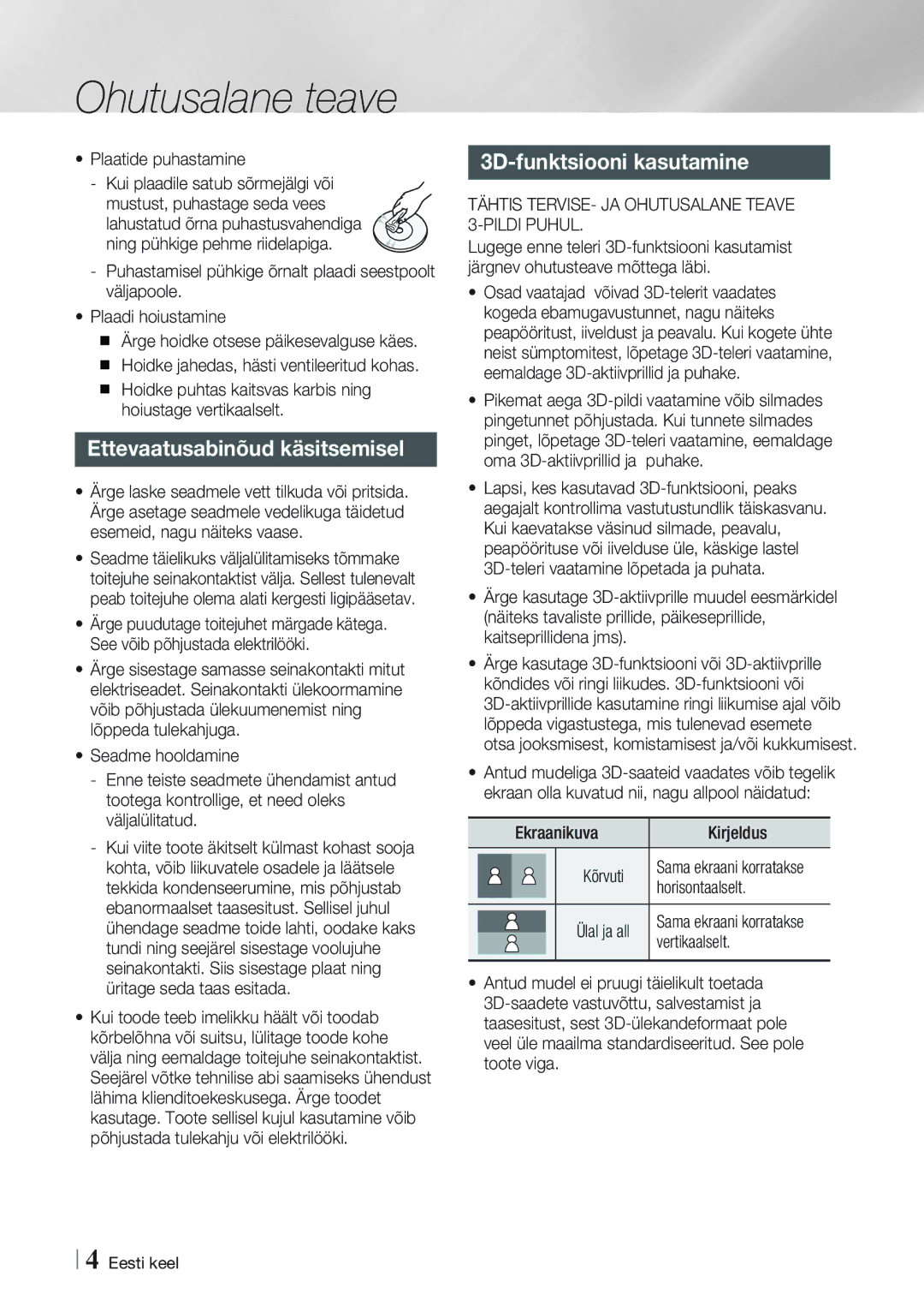 Samsung BD-E8900/EN, BD-E8300/EN manual 3D-funktsiooni kasutamine, Ettevaatusabinõud käsitsemisel, ¶Hă?Lkkhc 