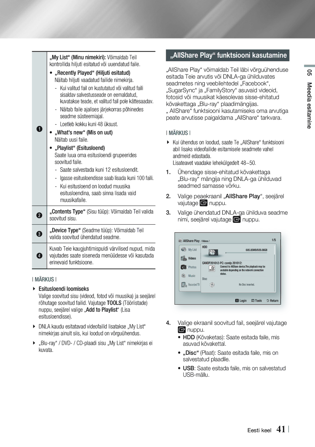 Samsung BD-E8300/EN  „Recently Played Hiljuti esitatud, Seadme süsteemiajal, Loetleb kokku kuni 48 üksust, Soovitud faile 