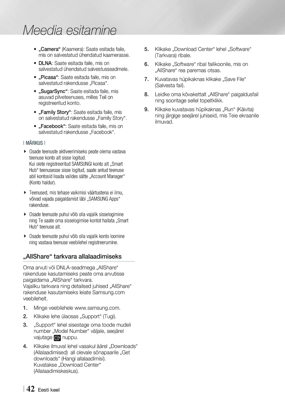 Samsung BD-E8900/EN, BD-E8300/EN manual „AllShare tarkvara allalaadimiseks, +āJECRCC@āHCFCHCSSSO?IOQJEAKI 