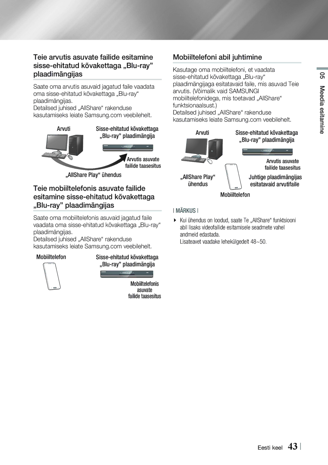 Samsung BD-E8300/EN, BD-E8900/EN manual Mobiiltelefoni abil juhtimine 