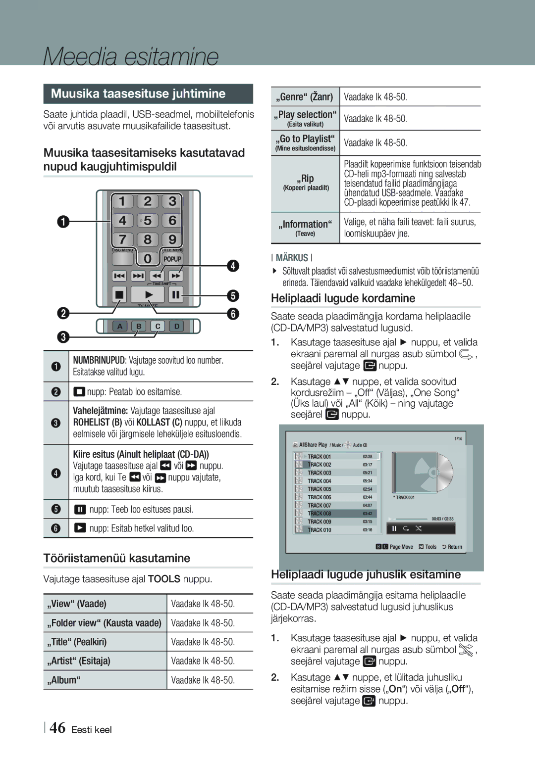 Samsung BD-E8900/EN manual Muusika taasesituse juhtimine, Heliplaadi lugude kordamine, Heliplaadi lugude juhuslik esitamine 