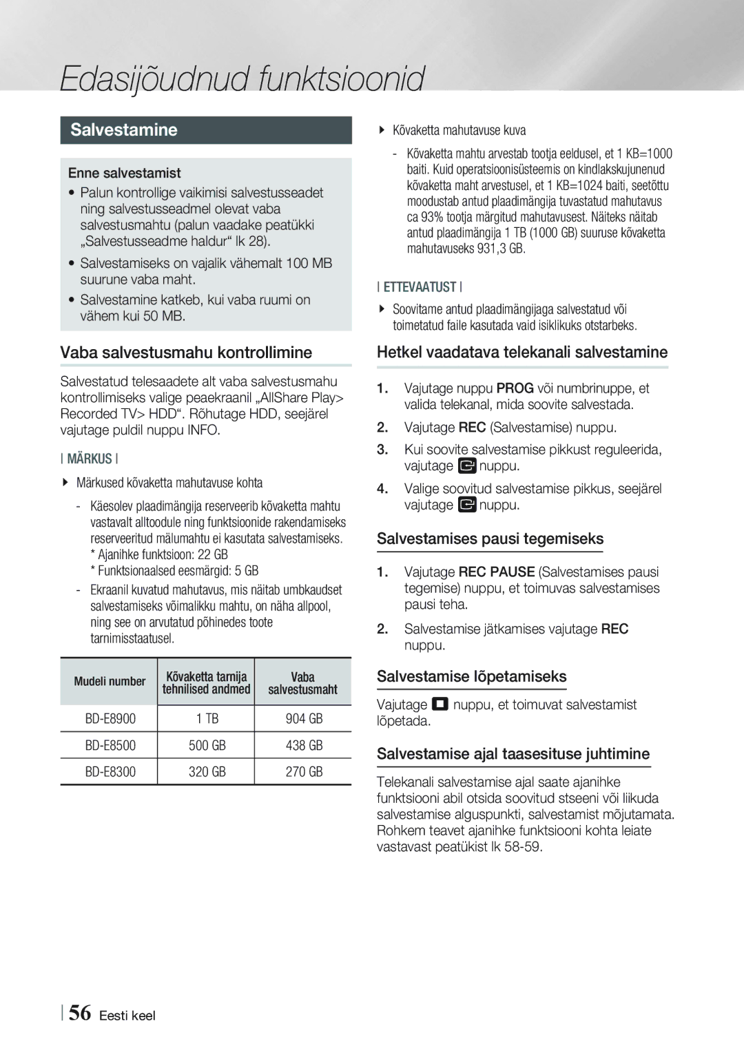 Samsung BD-E8900/EN, BD-E8300/EN manual Edasijõudnud funktsioonid, Salvestamine, Vaba salvestusmahu kontrollimine 