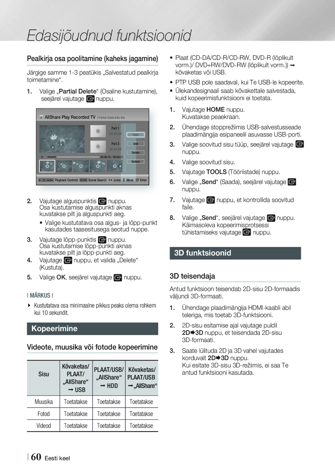 Samsung BD-E8900/EN, BD-E8300/EN manual Kopeerimine, Videote, muusika või fotode kopeerimine, 3D funktsioonid, 3D teisendaja 