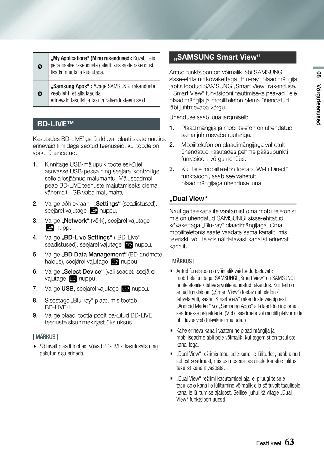 Samsung BD-E8300/EN, BD-E8900/EN manual „SAMSUNG Smart View, „Dual View, 80 Võrguteenused Eesti keel 