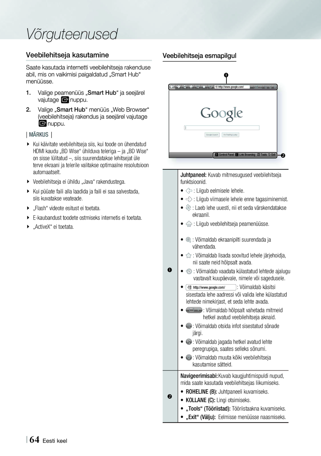 Samsung BD-E8900/EN, BD-E8300/EN manual Veebilehitseja kasutamine, Veebilehitseja esmapilgul, Smart Hub, „ActiveX ei toetata 