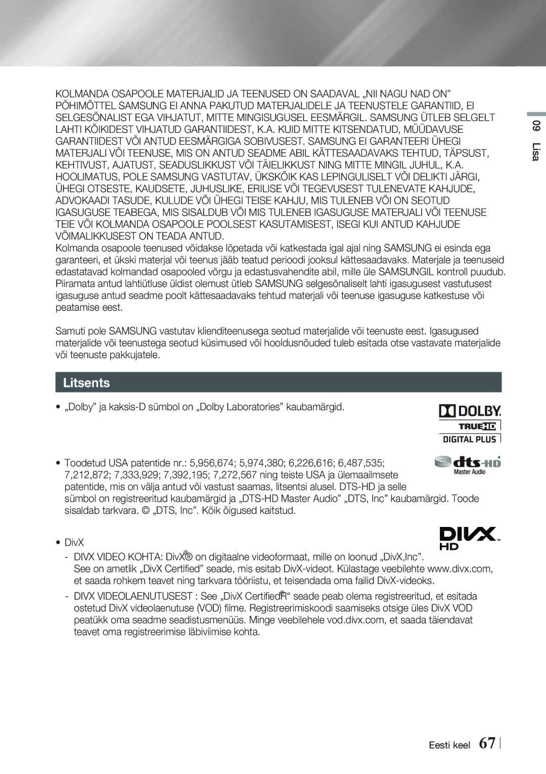 Samsung BD-E8300/EN, BD-E8900/EN manual Litsents 