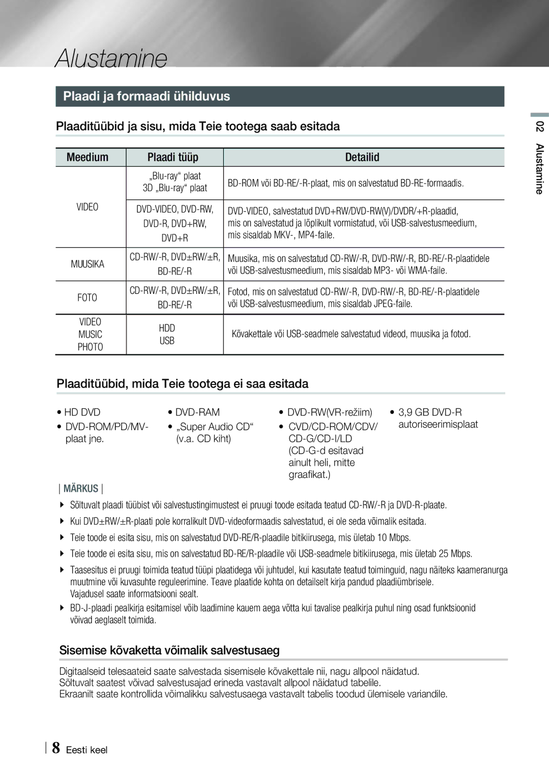 Samsung BD-E8900/EN manual Alustamine, Plaadi ja formaadi ühilduvus, Plaaditüübid ja sisu, mida Teie tootega saab esitada 