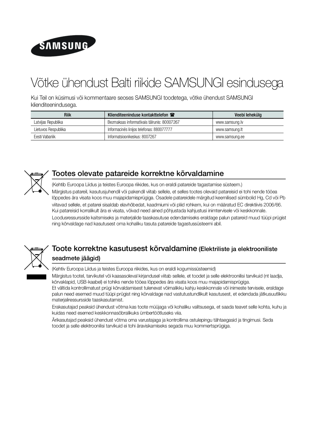 Samsung BD-E8900/EN, BD-E8300/EN manual Võtke ühendust Balti riikide Samsungi esindusega, Seadmete jäägid 