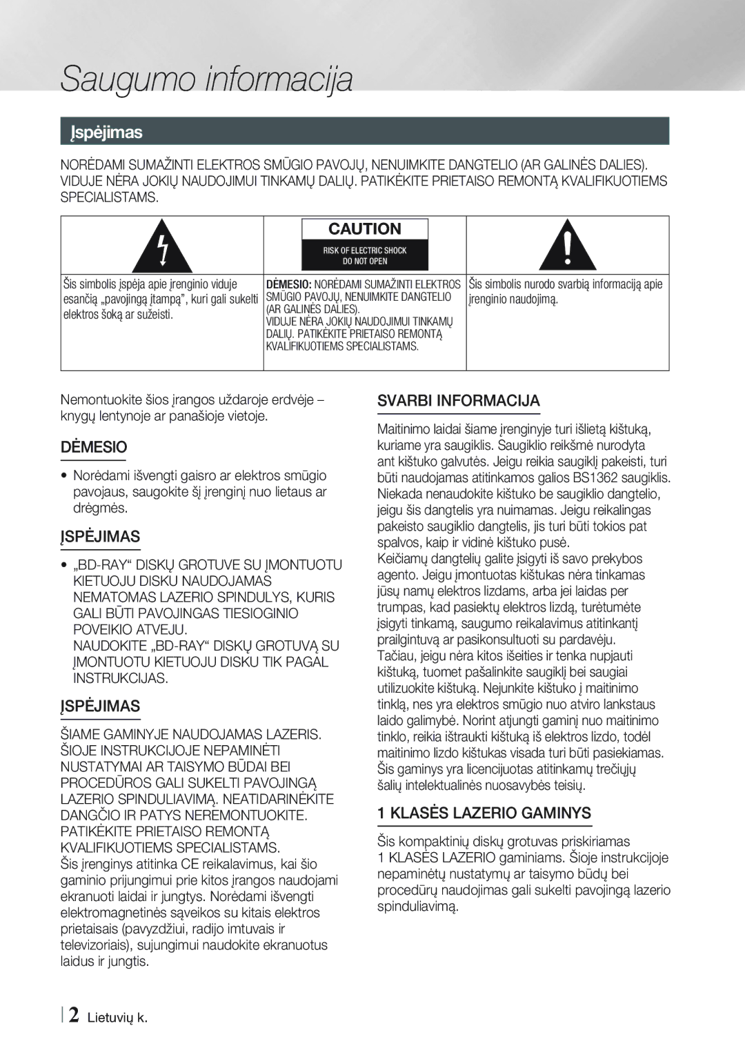 Samsung BD-E8900/EN manual Saugumo informacija, Įspėjimas, Įrenginio naudojimą, Elektros šoką ar sužeisti, Lietuvių k 