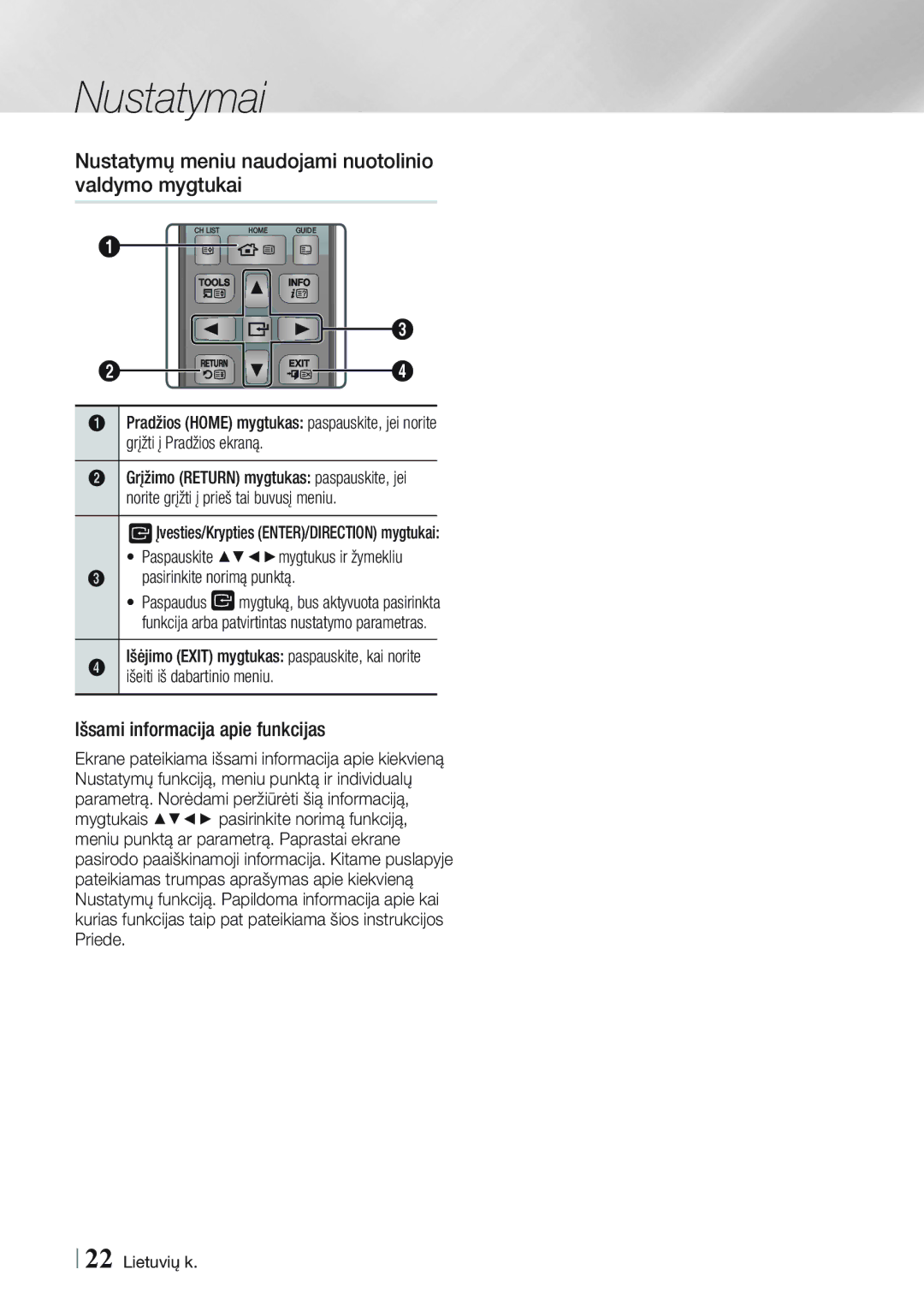 Samsung BD-E8900/EN Nustatymų meniu naudojami nuotolinio valdymo mygtukai, Išsami informacija apie funkcijas, NāCBC 