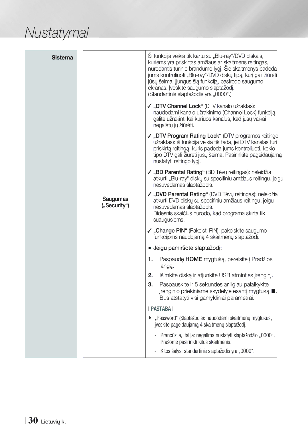 Samsung BD-E8900/EN, BD-E8300/EN manual Kitos šalys standartinis slaptažodis yra „0000, Saugumas „Security 