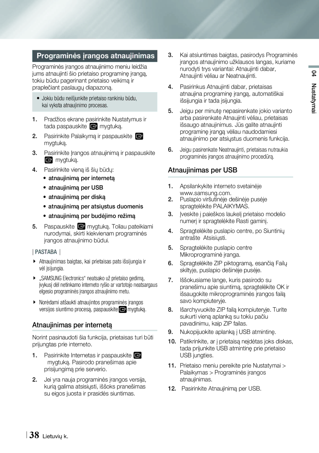 Samsung BD-E8900/EN, BD-E8300/EN manual Programinės įrangos atnaujinimas, Atnaujinimas per internetą, Atnaujinimas per USB 