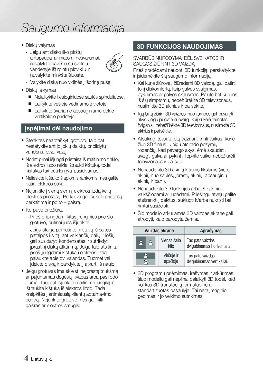 Samsung BD-E8900/EN, BD-E8300/EN manual Įspėjimai dėl naudojimo 