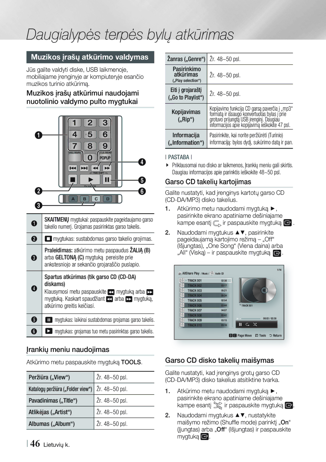 Samsung BD-E8900/EN manual Muzikos įrašų atkūrimo valdymas, Garso CD takelių kartojimas, Garso CD disko takelių maišymas 