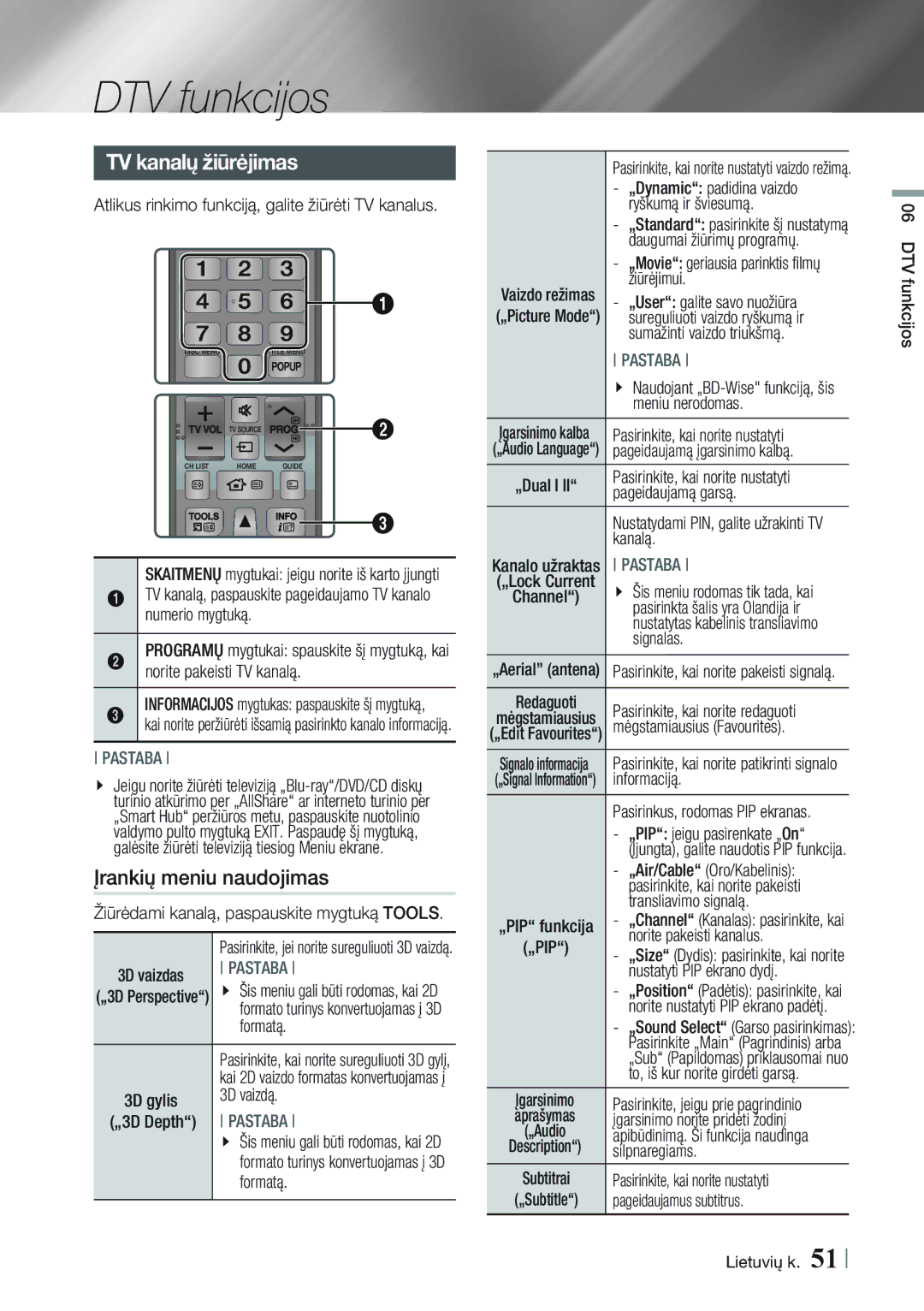 Samsung BD-E8300/EN, BD-E8900/EN manual DTV funkcijos, TV kanalų žiūrėjimas 