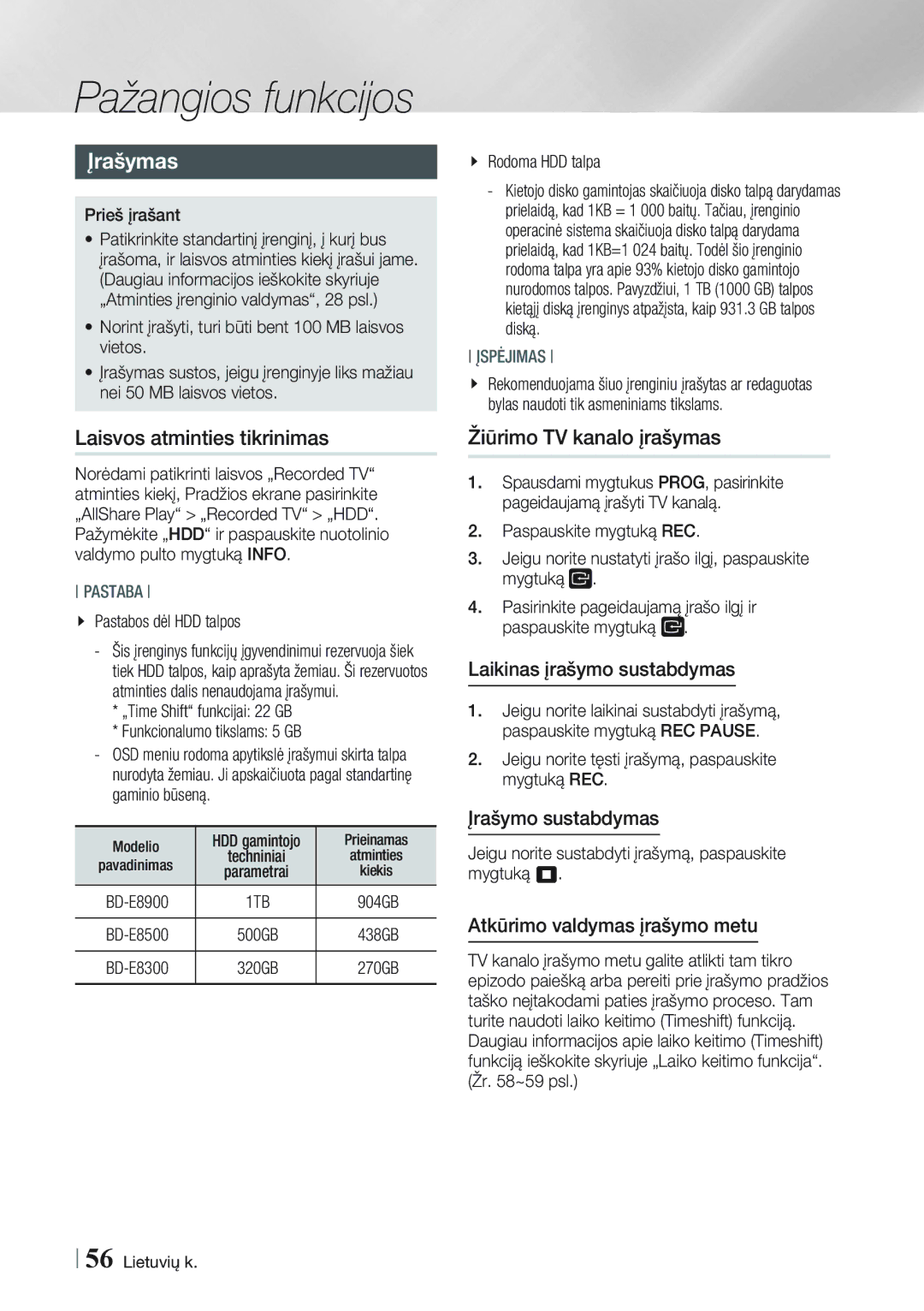 Samsung BD-E8900/EN, BD-E8300/EN manual Įrašymas, Laisvos atminties tikrinimas, Žiūrimo TV kanalo įrašymas 