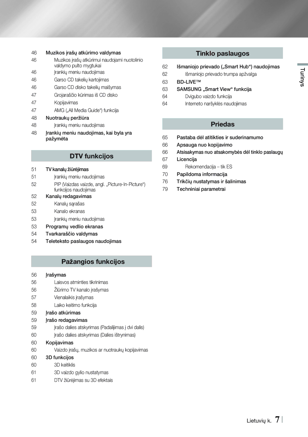 Samsung BD-E8300/EN, BD-E8900/EN manual Turinys Lietuvių k, 48 Įrankių meniu naudojimas, kai byla yra pažymėta, 56 Įrašymas 