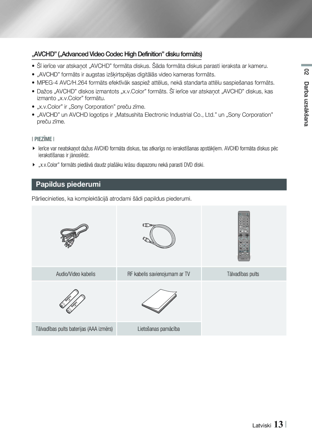 Samsung BD-E8300/EN, BD-E8900/EN manual Papildus piederumi, „AVCHD „Advanced Video Codec High Definition disku formāts 