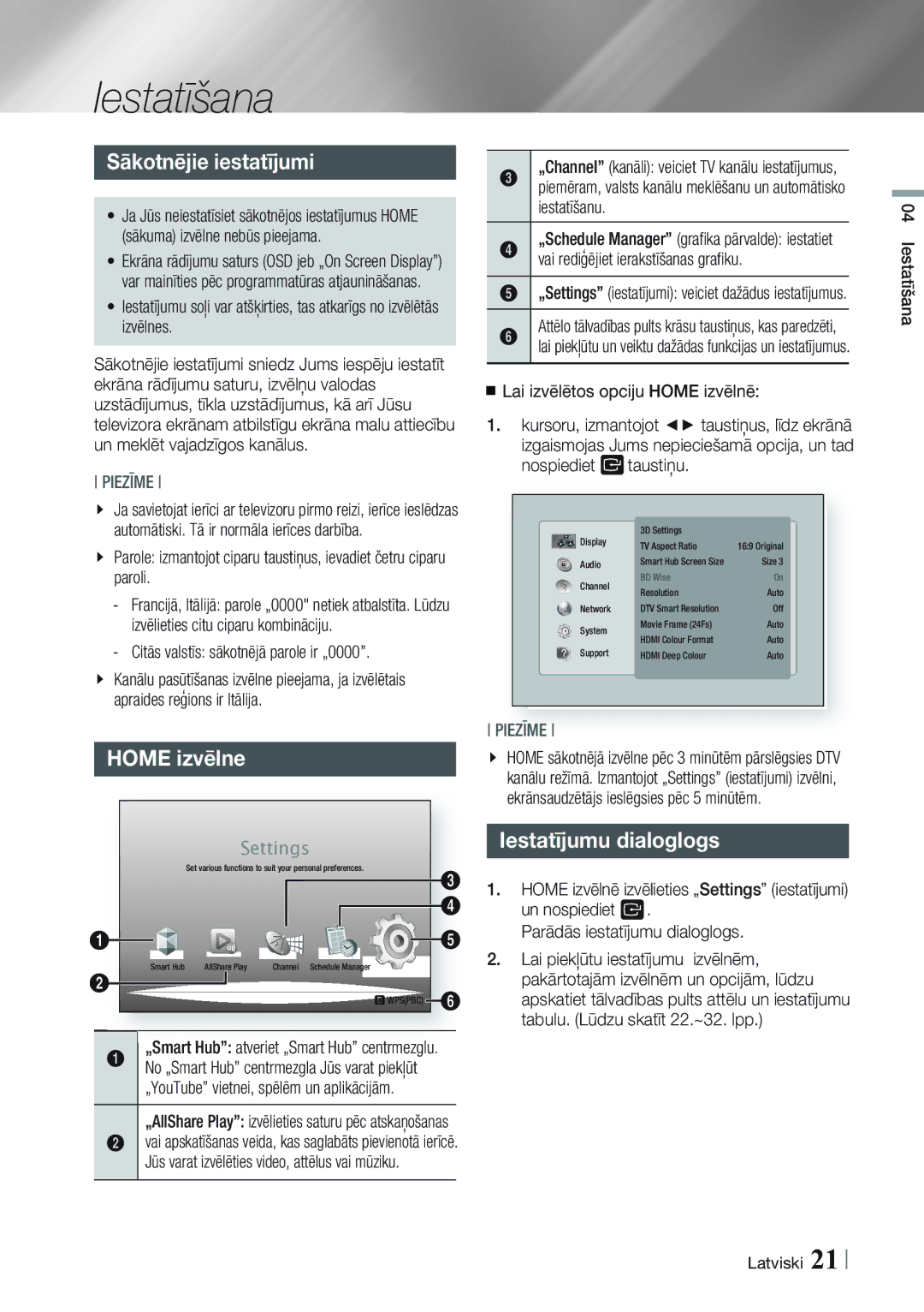 Samsung BD-E8300/EN, BD-E8900/EN manual Iestatīšana, Sākotnējie iestatījumi, Home izvēlne, Iestatījumu dialoglogs 