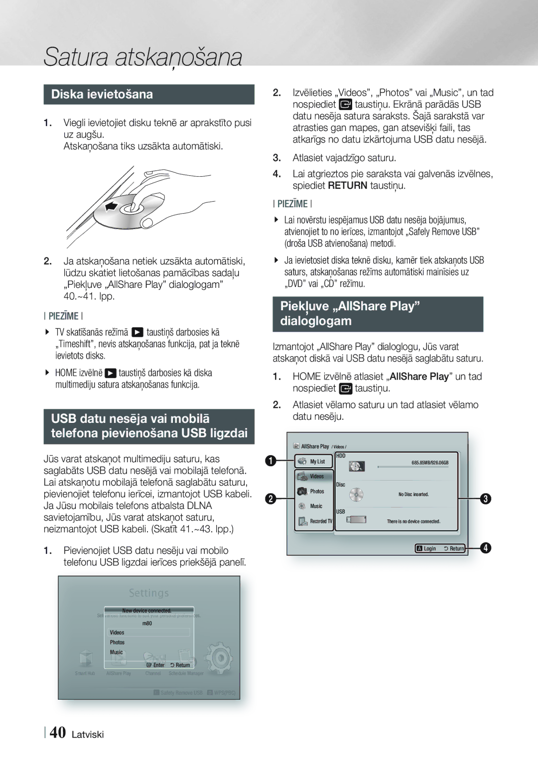 Samsung BD-E8900/EN, BD-E8300/EN manual Satura atskaņošana, Diska ievietošana, Piekļuve „AllShare Play Dialoglogam 