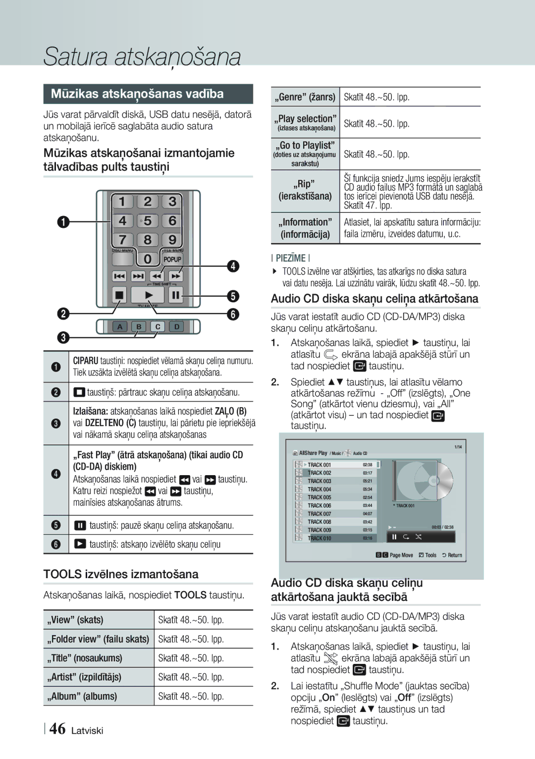 Samsung BD-E8900/EN, BD-E8300/EN manual Mūzikas atskaņošanas vadība, Audio CD diska skaņu celiņa atkārtošana 