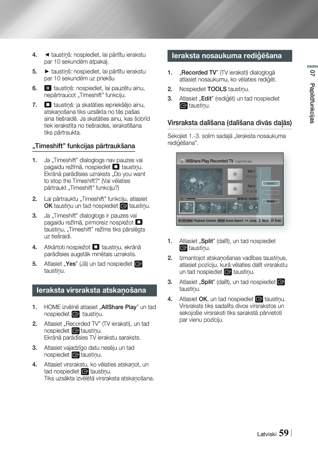 Samsung BD-E8300/EN Ieraksta virsraksta atskaņošana, Ieraksta nosaukuma rediģēšana, „Timeshift funkcijas pārtraukšana 