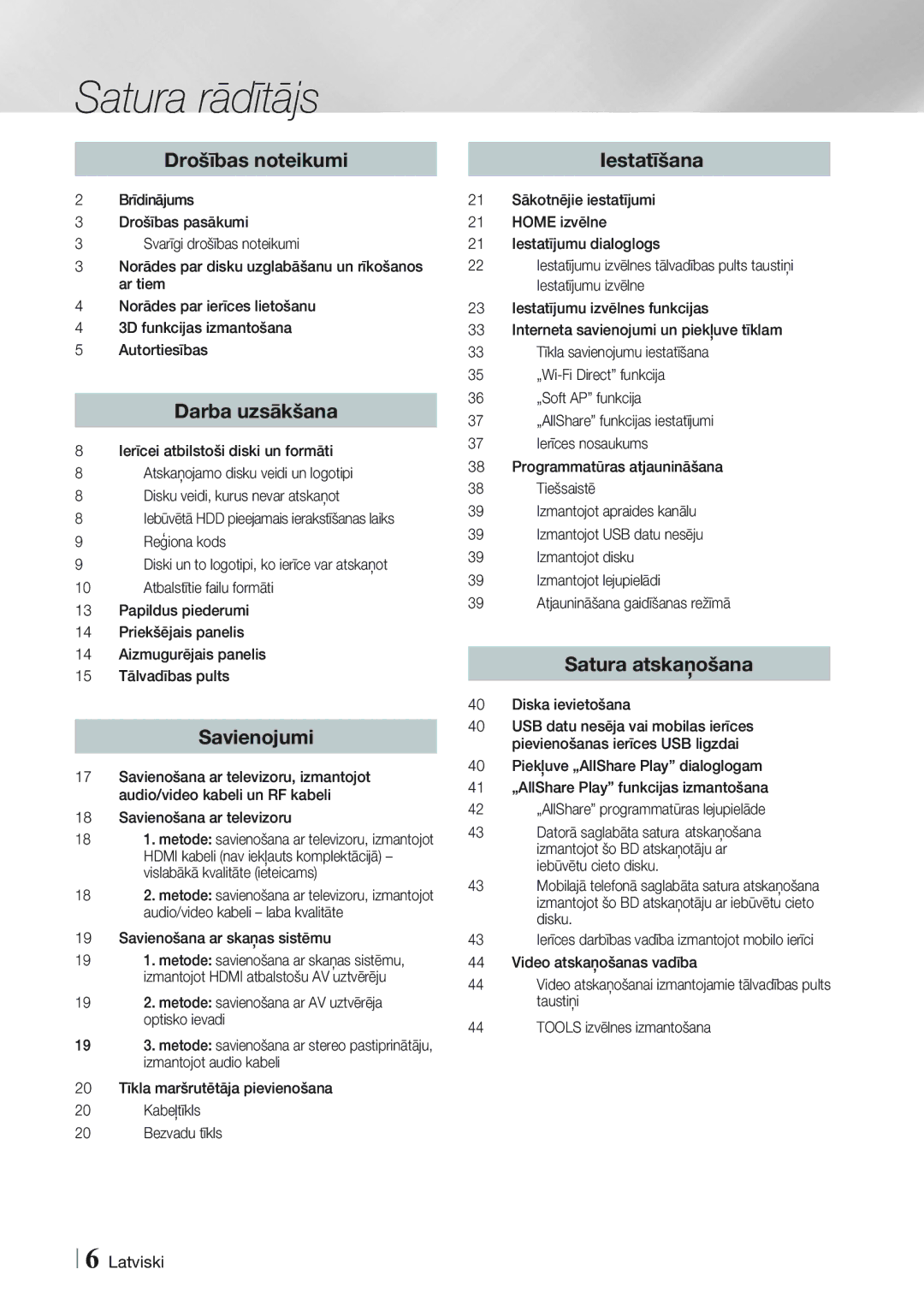 Samsung BD-E8900/EN, BD-E8300/EN manual Satura rādītājs, Savienošana ar skaņas sistēmu 