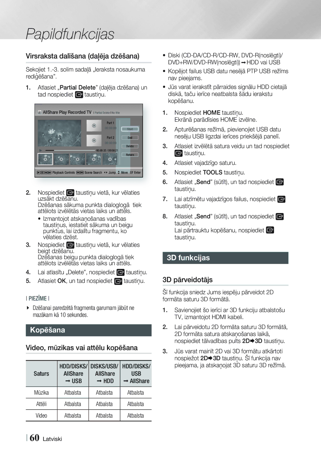 Samsung BD-E8900/EN manual Virsraksta dalīšana daļēja dzēšana, Kopēšana, Video, mūzikas vai attēlu kopēšana, 3D funkcijas 