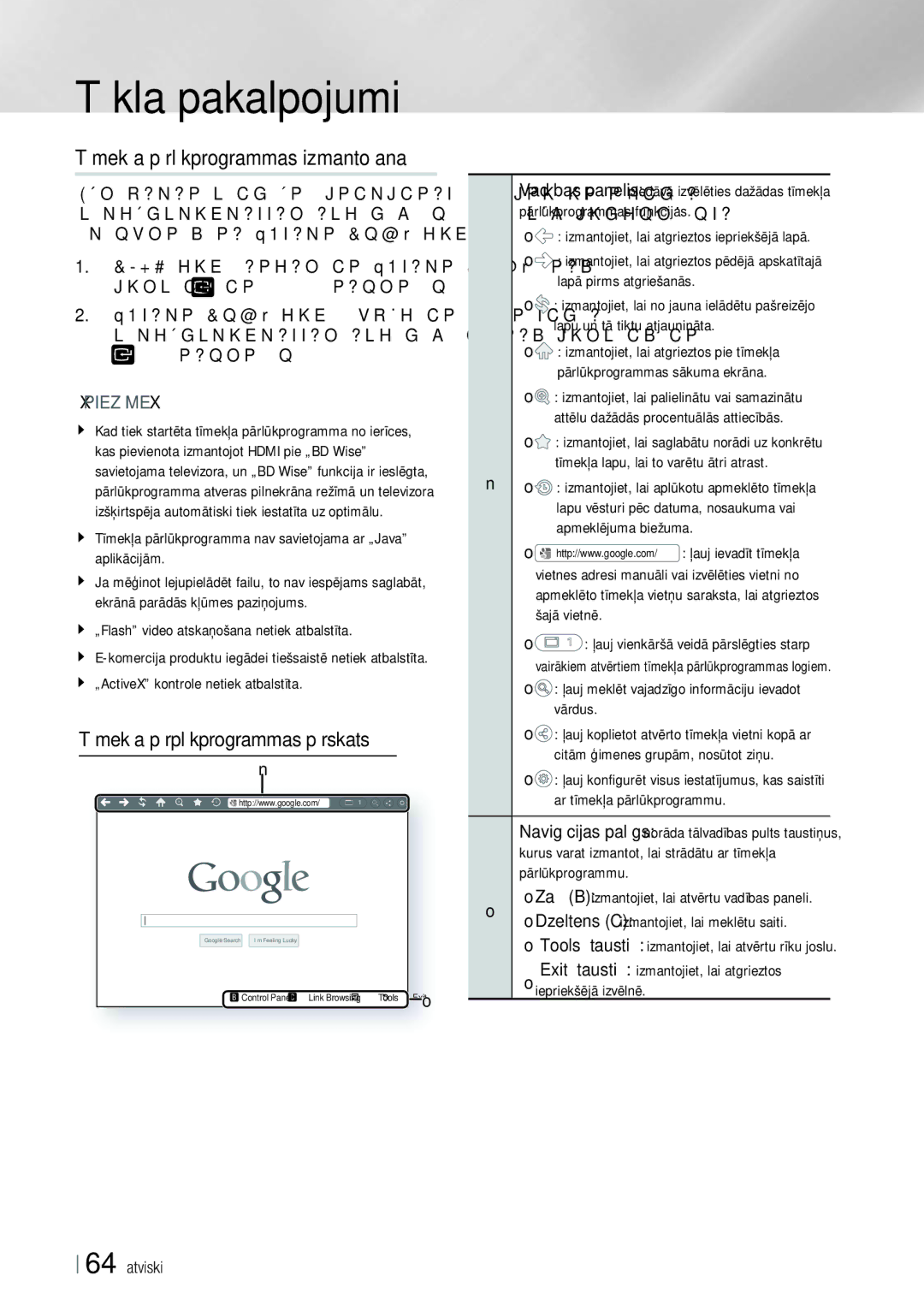 Samsung BD-E8900/EN, BD-E8300/EN manual Tīmekļa pārlūkprogrammas izmantošana 