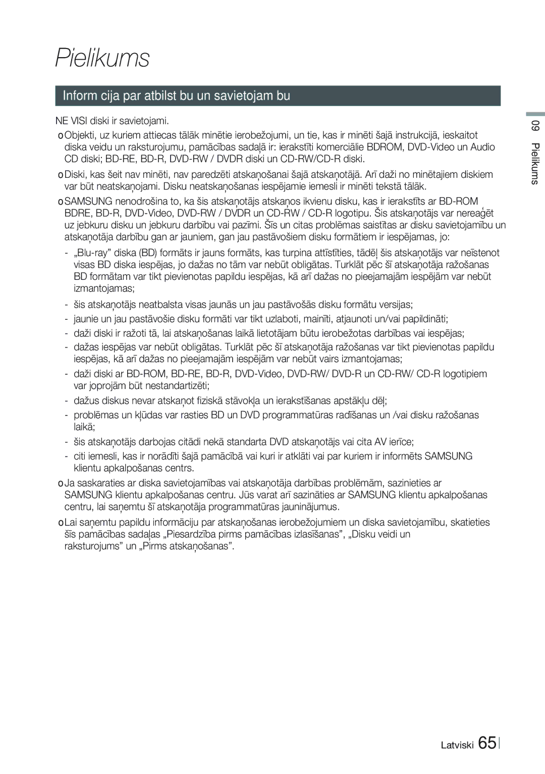 Samsung BD-E8300/EN manual Pielikums, Informācija par atbilstību un savietojamību, Raksturojums un „Pirms atskaņošanas 