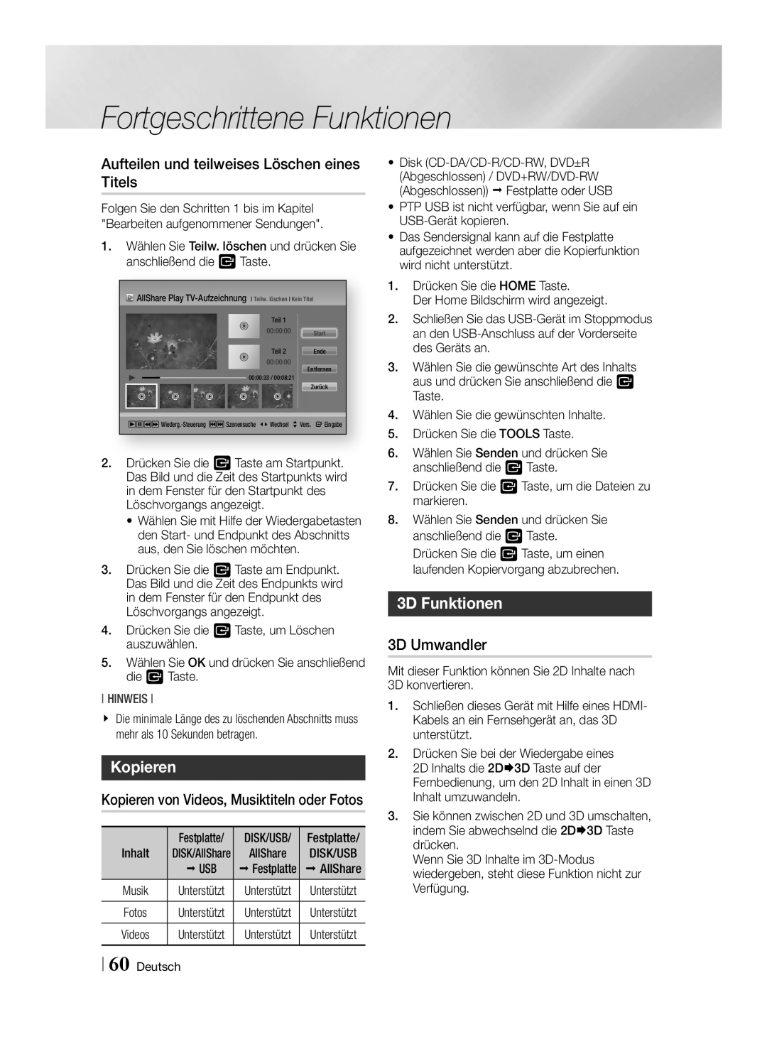 Samsung BD-E8300/EN, BD-E8900/EN manual Aufteilen und teilweises Löschen eines Titels, Kopieren, 3D Funktionen, 3D Umwandler 