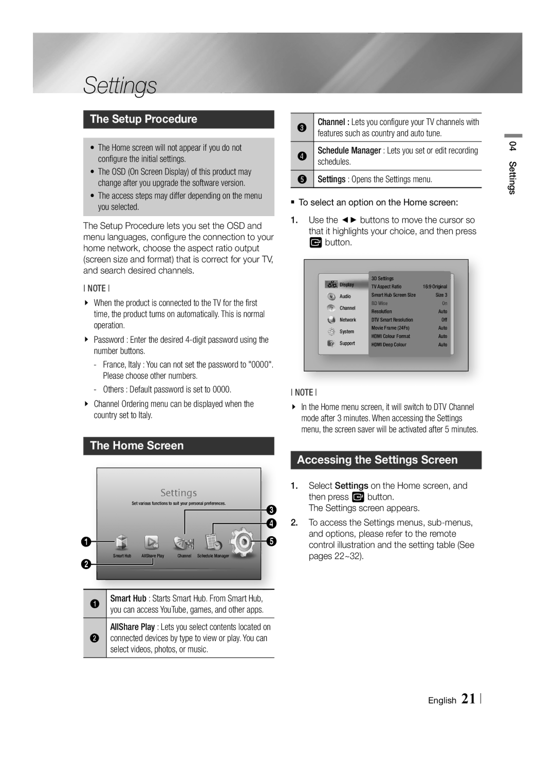 Samsung BD-E8900/ZF, BD-E8900/EN, BD-E8500/EN, BD-E8300/EN Setup Procedure, Home Screen, Accessing the Settings Screen 