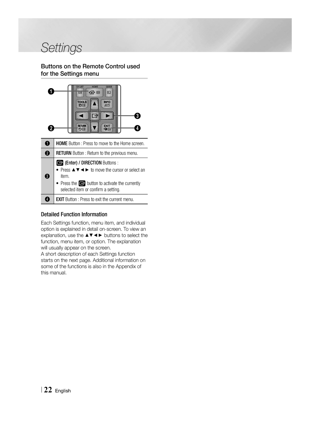 Samsung BD-E8500/ZF, BD-E8900/EN Buttons on the Remote Control used for the Settings menu, Detailed Function Information 