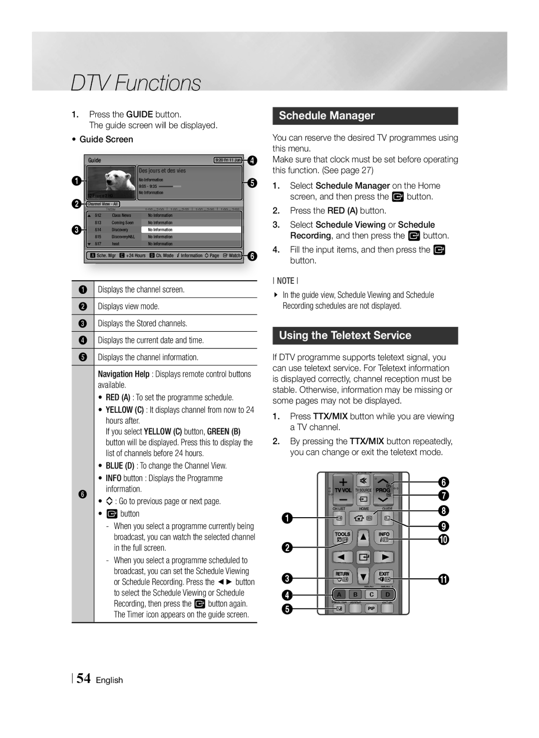 Samsung BD-E8900/EN Schedule Manager, Using the Teletext Service, Yellow C It displays channel from now to 24 hours after 